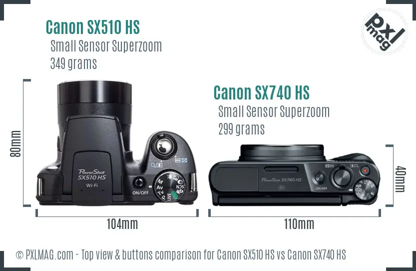 Canon SX510 HS vs Canon SX740 HS top view buttons comparison