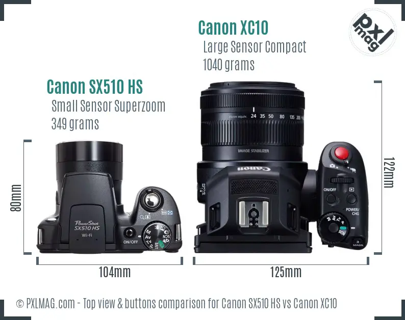 Canon SX510 HS vs Canon XC10 top view buttons comparison