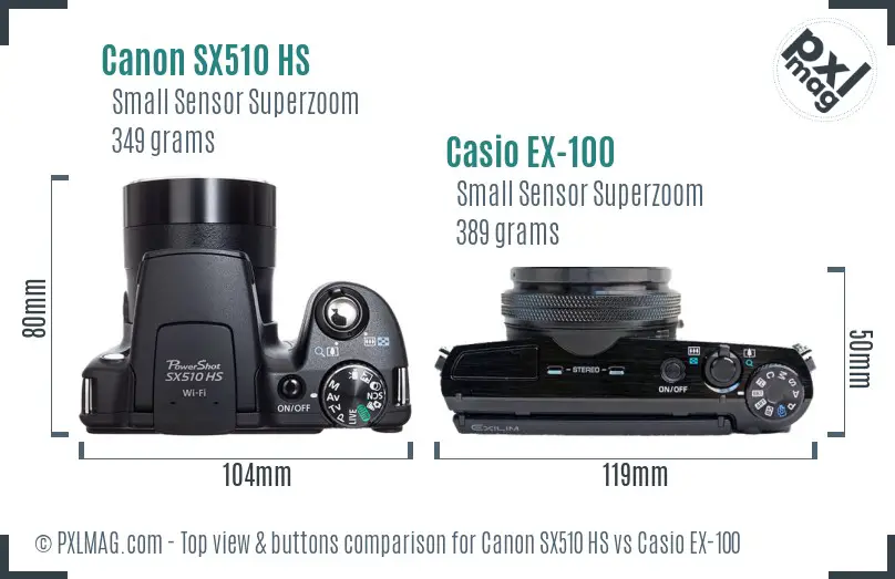 Canon SX510 HS vs Casio EX-100 top view buttons comparison