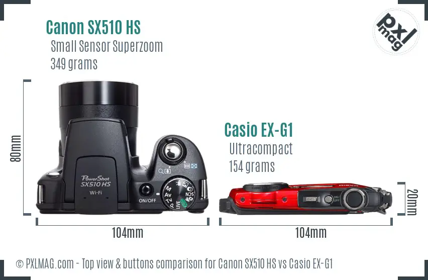 Canon SX510 HS vs Casio EX-G1 top view buttons comparison