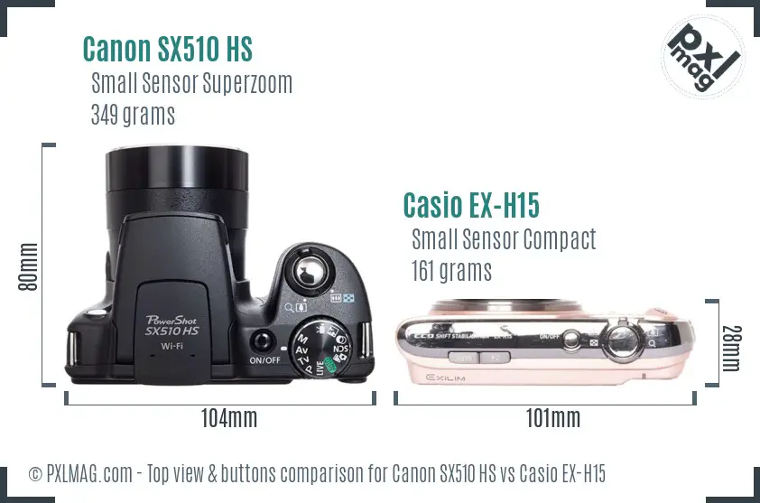 Canon SX510 HS vs Casio EX-H15 top view buttons comparison