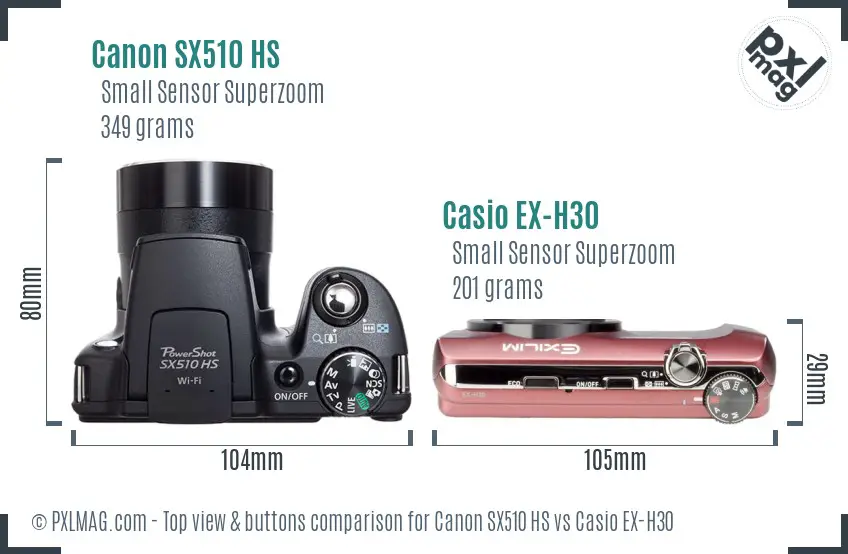 Canon SX510 HS vs Casio EX-H30 top view buttons comparison