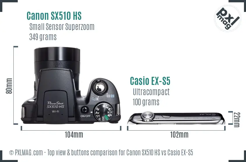 Canon SX510 HS vs Casio EX-S5 top view buttons comparison