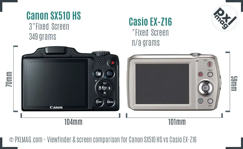 Canon SX510 HS vs Casio EX-Z16 Screen and Viewfinder comparison