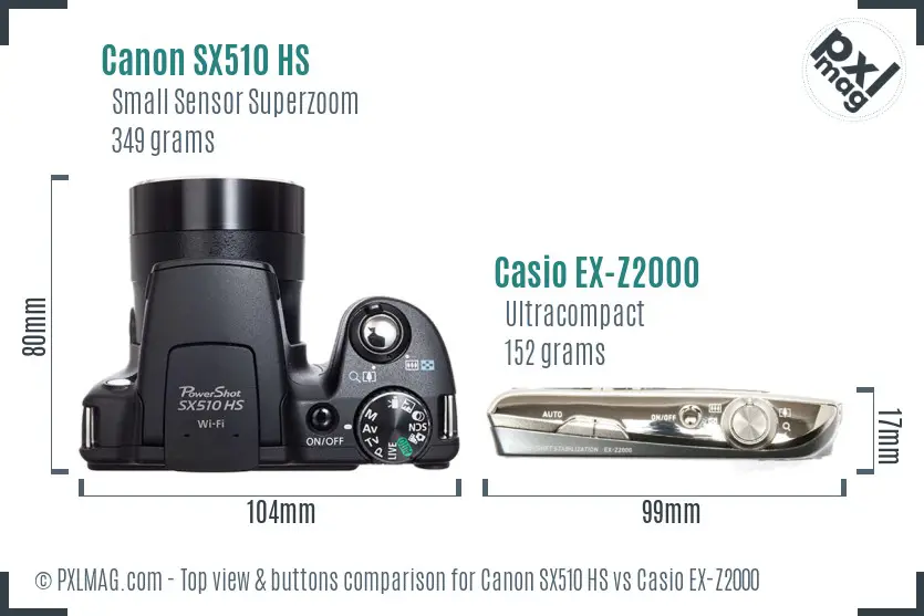 Canon SX510 HS vs Casio EX-Z2000 top view buttons comparison Canon SX510 HS vs Casio EX-Z2000 top view buttons comparison