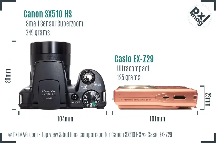 Canon SX510 HS vs Casio EX-Z29 top view buttons comparison Canon SX510 HS vs Casio EX-Z29 top view buttons comparison