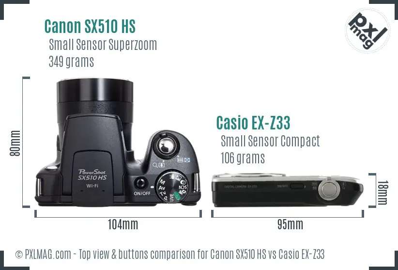 Canon SX510 HS vs Casio EX-Z33 top view buttons comparison