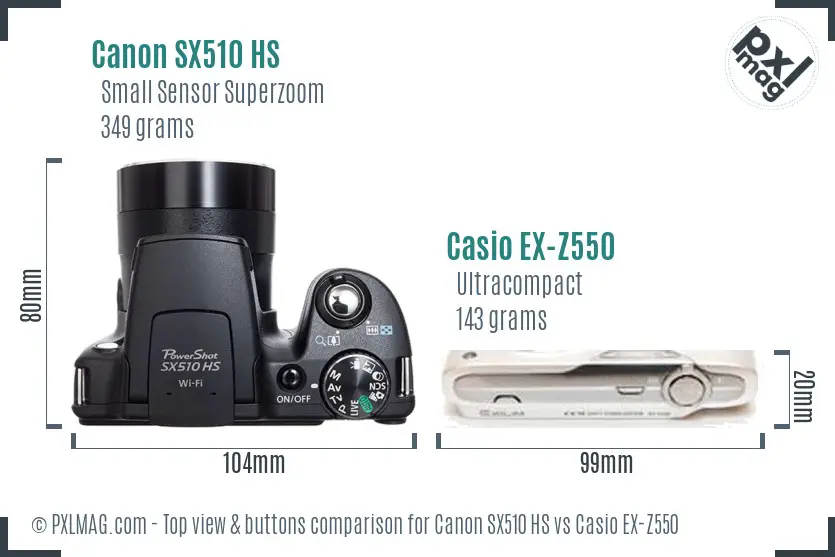 Canon SX510 HS vs Casio EX-Z550 top view buttons comparison Canon SX510 HS vs Casio EX-Z550 top view buttons comparison
