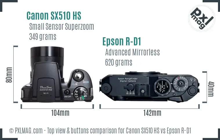Canon SX510 HS vs Epson R-D1 top view buttons comparison