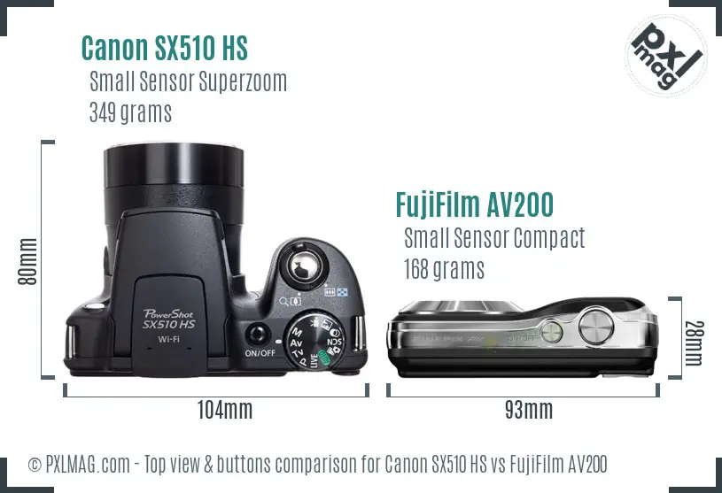 Canon SX510 HS vs FujiFilm AV200 top view buttons comparison Canon SX510 HS vs FujiFilm AV200 top view buttons comparison