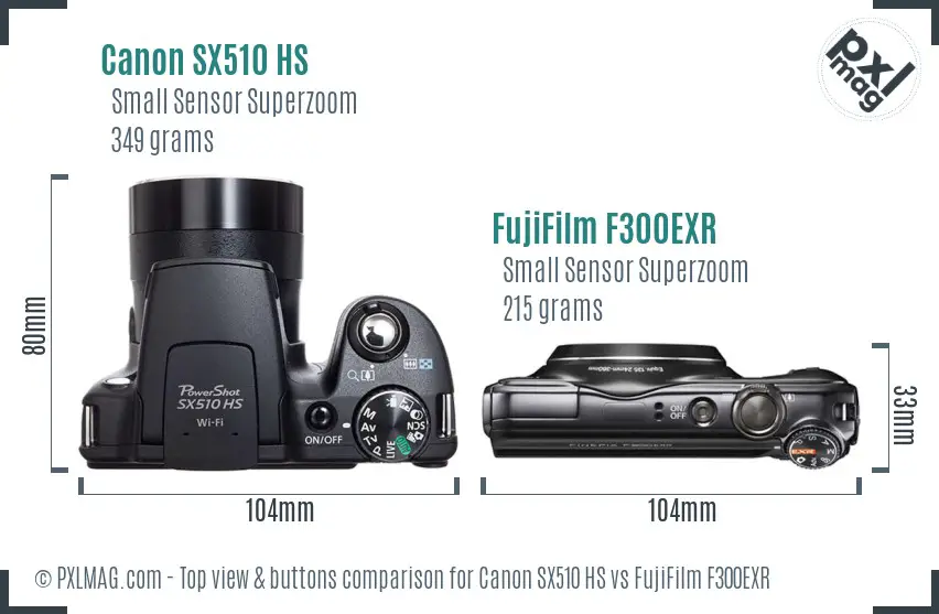 Canon SX510 HS vs FujiFilm F300EXR top view buttons comparison