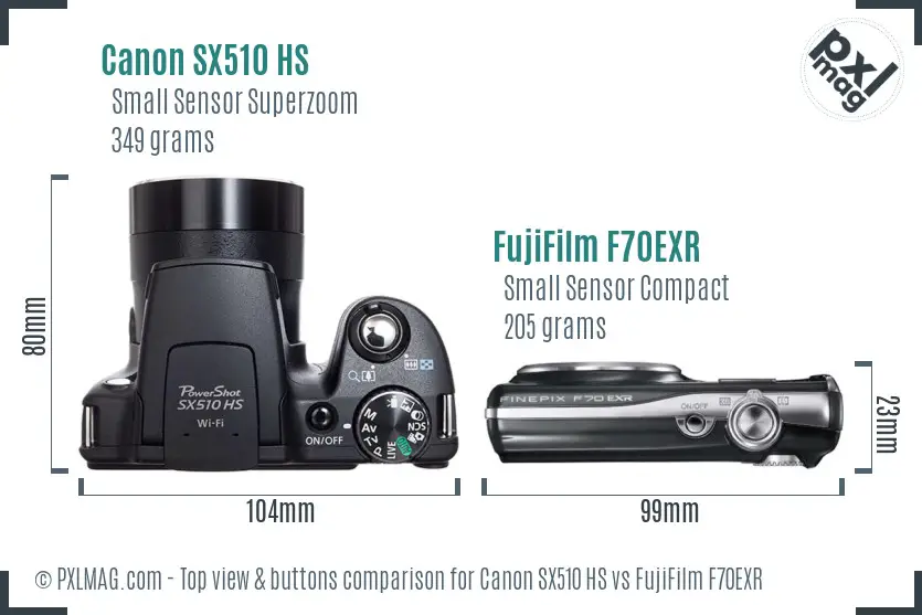 Canon SX510 HS vs FujiFilm F70EXR top view buttons comparison Canon SX510 HS vs FujiFilm F70EXR top view buttons comparison