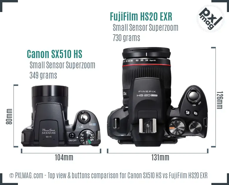 Canon SX510 HS vs FujiFilm HS20 EXR top view buttons comparison
