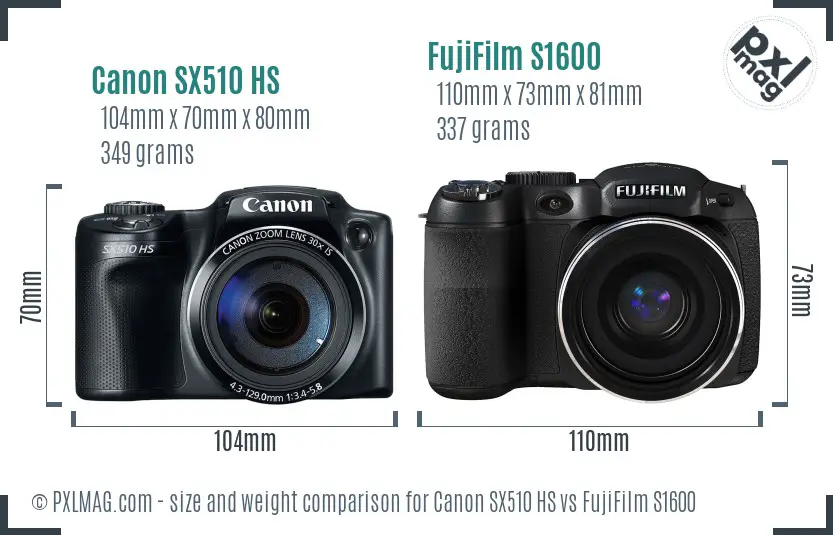 Canon SX510 HS vs FujiFilm S1600 size comparison