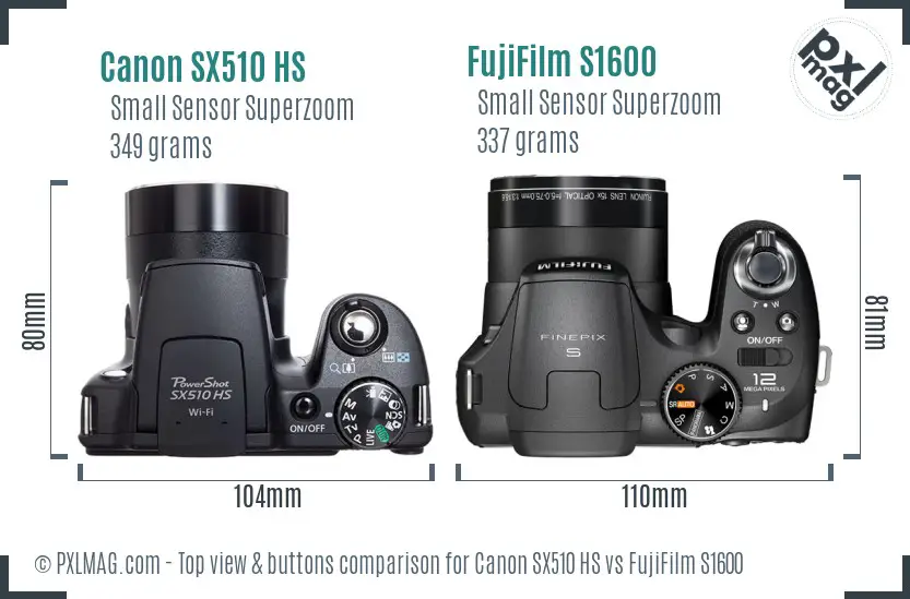 Canon SX510 HS vs FujiFilm S1600 top view buttons comparison
