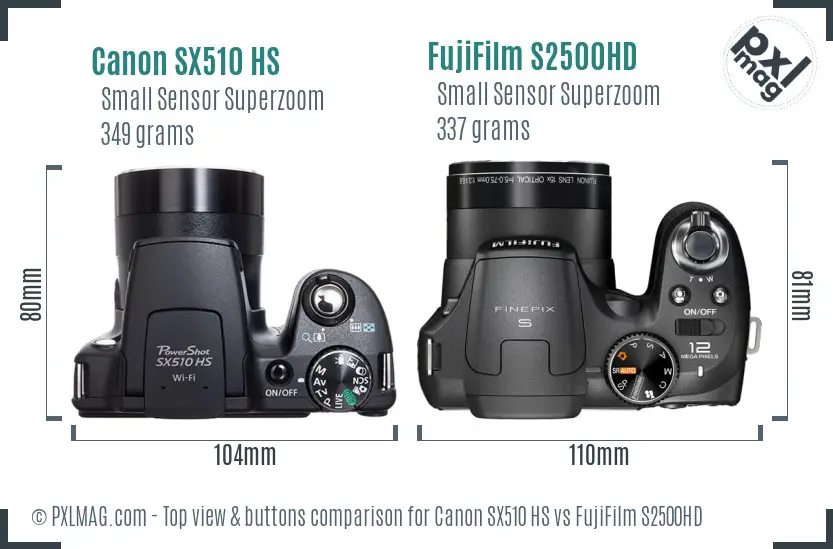 Canon SX510 HS vs FujiFilm S2500HD top view buttons comparison