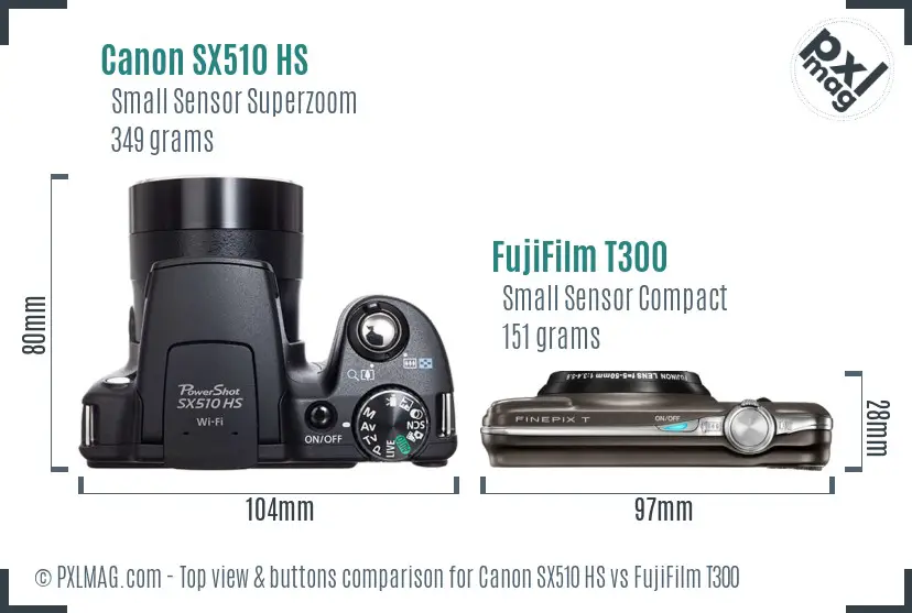 Canon SX510 HS vs FujiFilm T300 top view buttons comparison Canon SX510 HS vs FujiFilm T300 top view buttons comparison