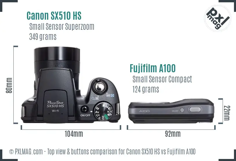Canon SX510 HS vs Fujifilm A100 top view buttons comparison