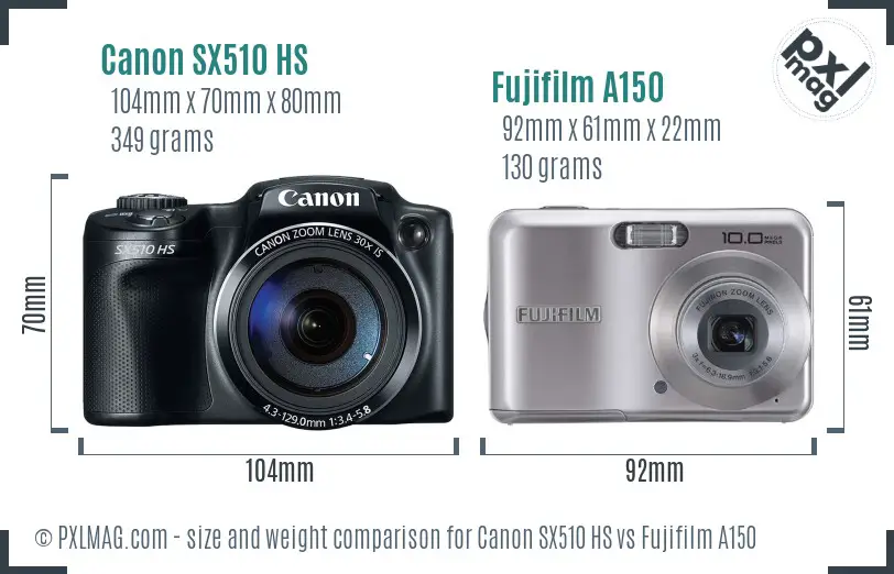 Canon SX510 HS vs Fujifilm A150 size comparison