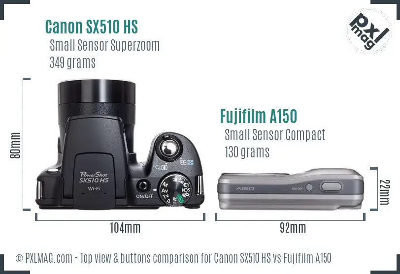 Canon SX510 HS vs Fujifilm A150 top view buttons comparison