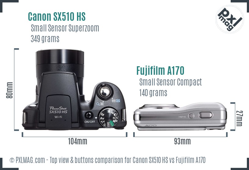 Canon SX510 HS vs Fujifilm A170 top view buttons comparison