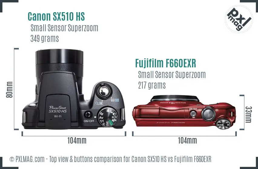 Canon SX510 HS vs Fujifilm F660EXR top view buttons comparison