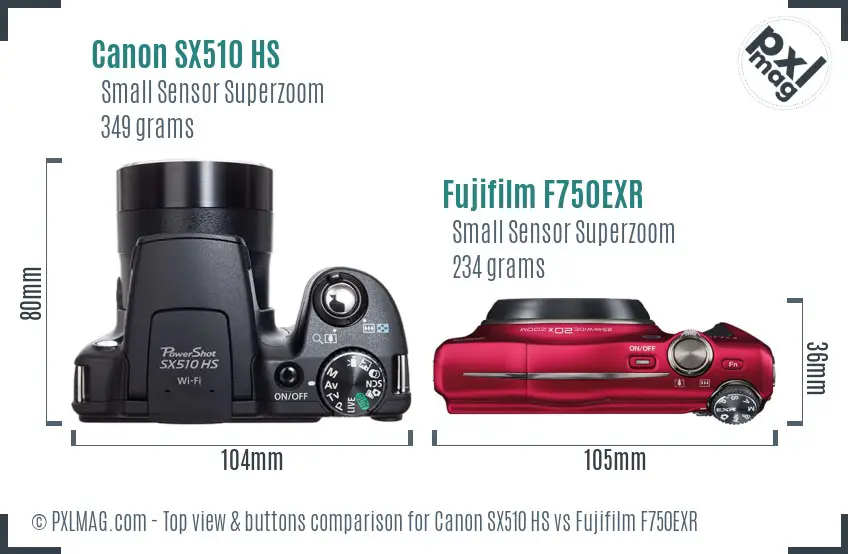 Canon SX510 HS vs Fujifilm F750EXR top view buttons comparison