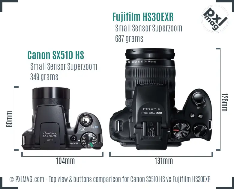 Canon SX510 HS vs Fujifilm HS30EXR top view buttons comparison