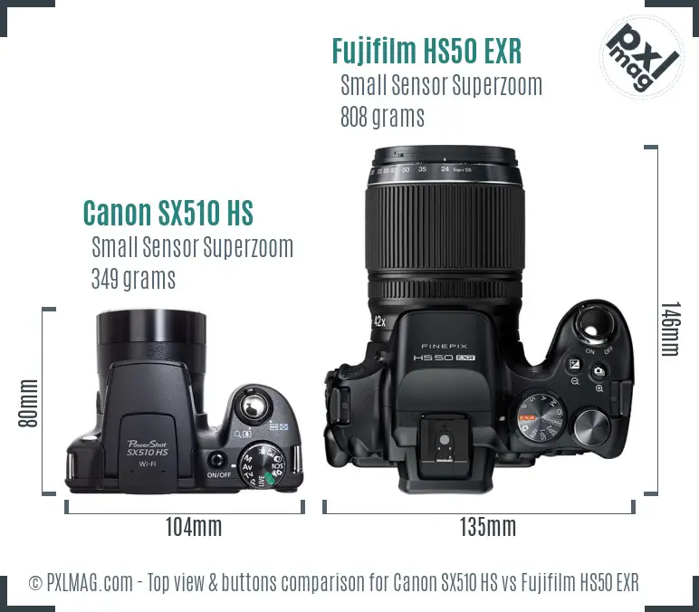 Canon SX510 HS vs Fujifilm HS50 EXR top view buttons comparison