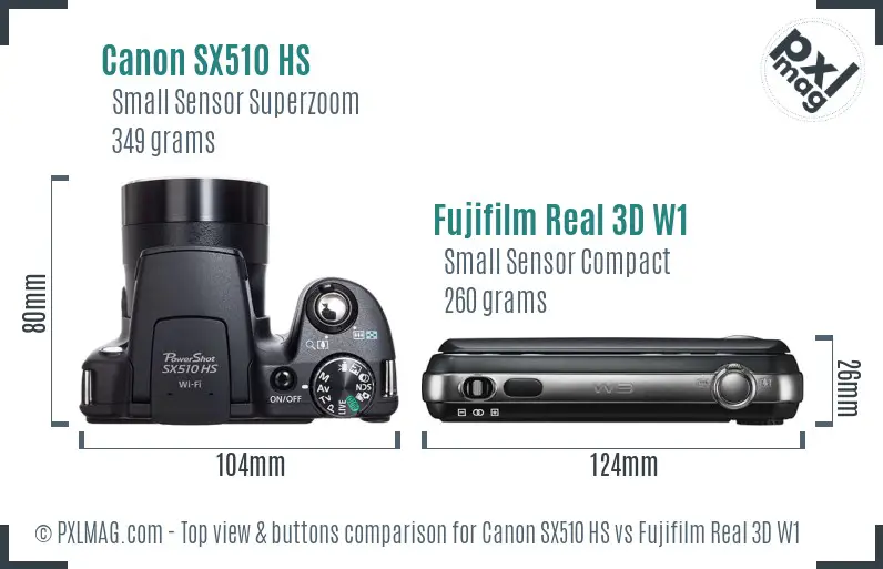 Canon SX510 HS vs Fujifilm Real 3D W1 top view buttons comparison
