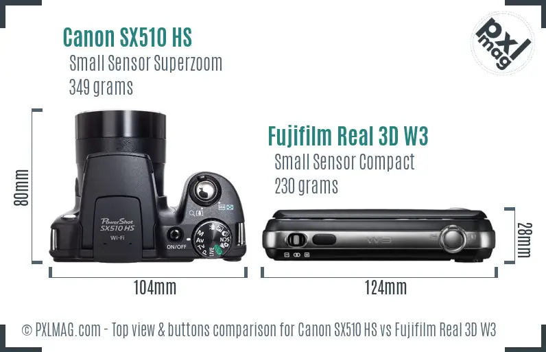 Canon SX510 HS vs Fujifilm Real 3D W3 top view buttons comparison