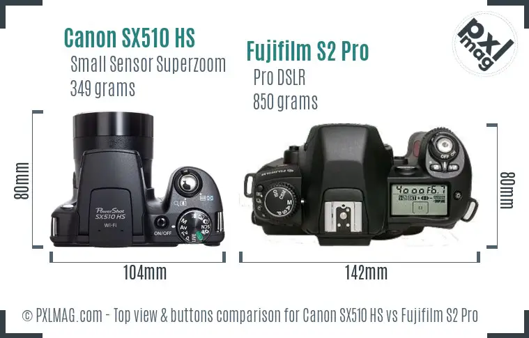 Canon SX510 HS vs Fujifilm S2 Pro top view buttons comparison