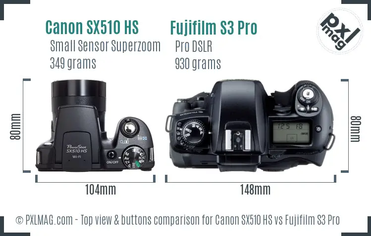 Canon SX510 HS vs Fujifilm S3 Pro top view buttons comparison