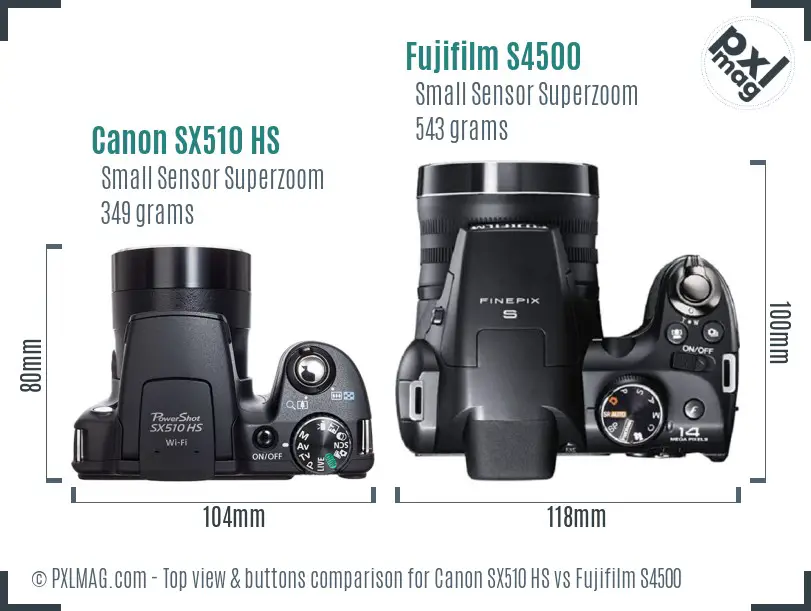 Canon SX510 HS vs Fujifilm S4500 top view buttons comparison Canon SX510 HS vs Fujifilm S4500 top view buttons comparison