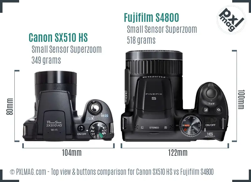 Canon SX510 HS vs Fujifilm S4800 top view buttons comparison