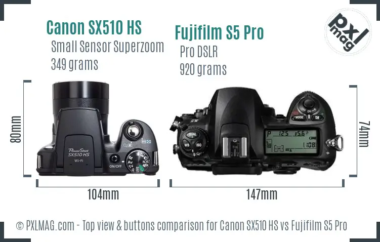 Canon SX510 HS vs Fujifilm S5 Pro top view buttons comparison Canon SX510 HS vs Fujifilm S5 Pro top view buttons comparison