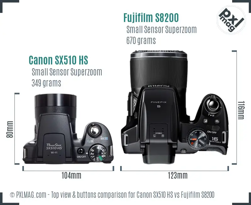 Canon SX510 HS vs Fujifilm S8200 top view buttons comparison