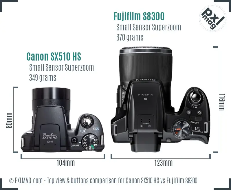 Canon SX510 HS vs Fujifilm S8300 top view buttons comparison