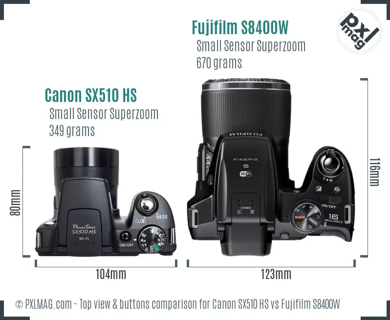 Canon SX510 HS vs Fujifilm S8400W top view buttons comparison