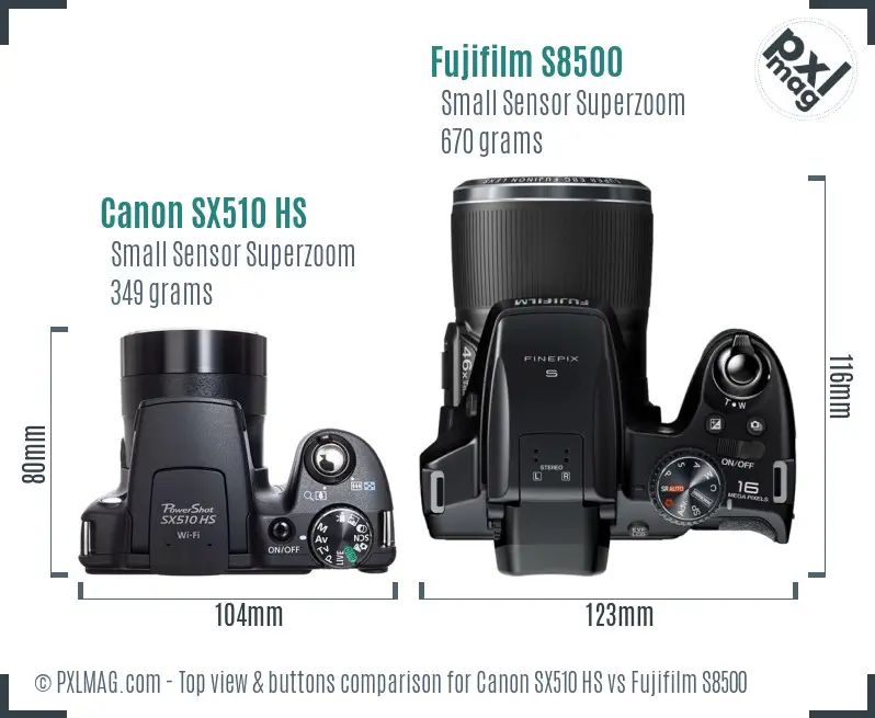 Canon SX510 HS vs Fujifilm S8500 top view buttons comparison