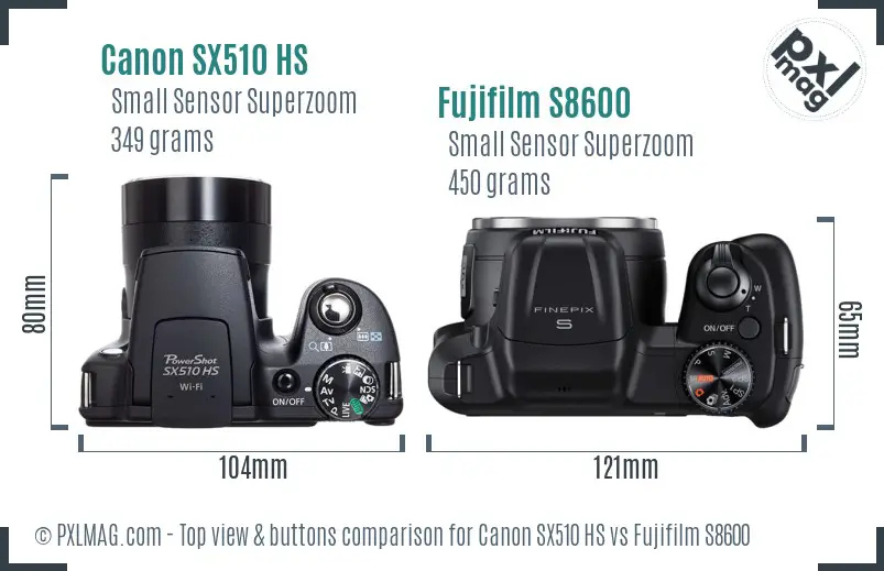 Canon SX510 HS vs Fujifilm S8600 top view buttons comparison