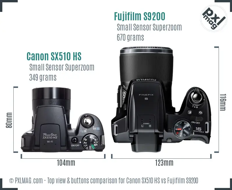 Canon SX510 HS vs Fujifilm S9200 top view buttons comparison