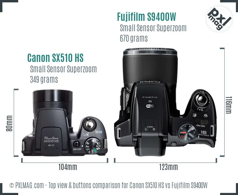 Canon SX510 HS vs Fujifilm S9400W top view buttons comparison