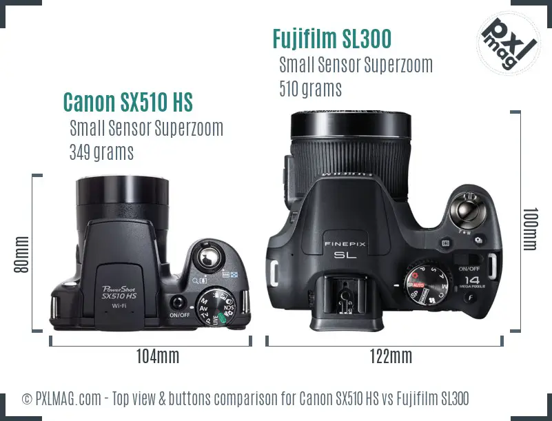 Canon SX510 HS vs Fujifilm SL300 top view buttons comparison