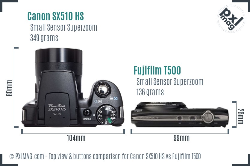 Canon SX510 HS vs Fujifilm T500 top view buttons comparison