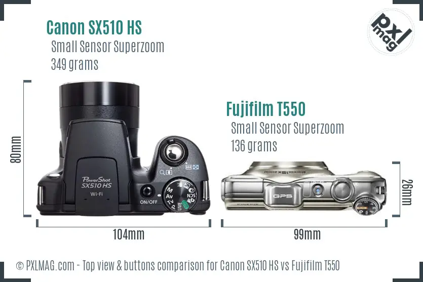 Canon SX510 HS vs Fujifilm T550 top view buttons comparison