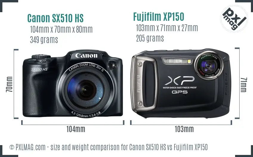 Canon SX510 HS vs Fujifilm XP150 size comparison