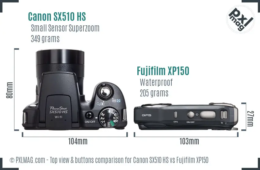 Canon SX510 HS vs Fujifilm XP150 top view buttons comparison