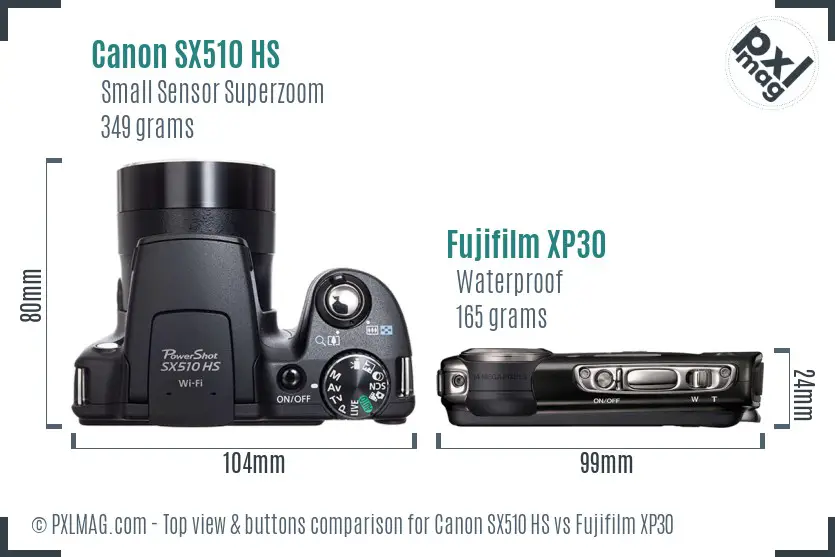 Canon SX510 HS vs Fujifilm XP30 top view buttons comparison