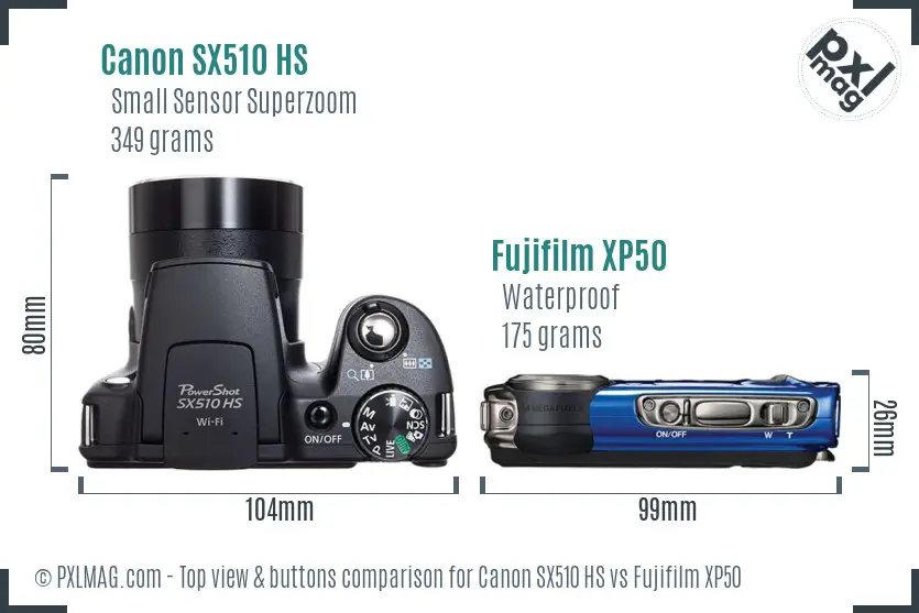 Canon SX510 HS vs Fujifilm XP50 top view buttons comparison